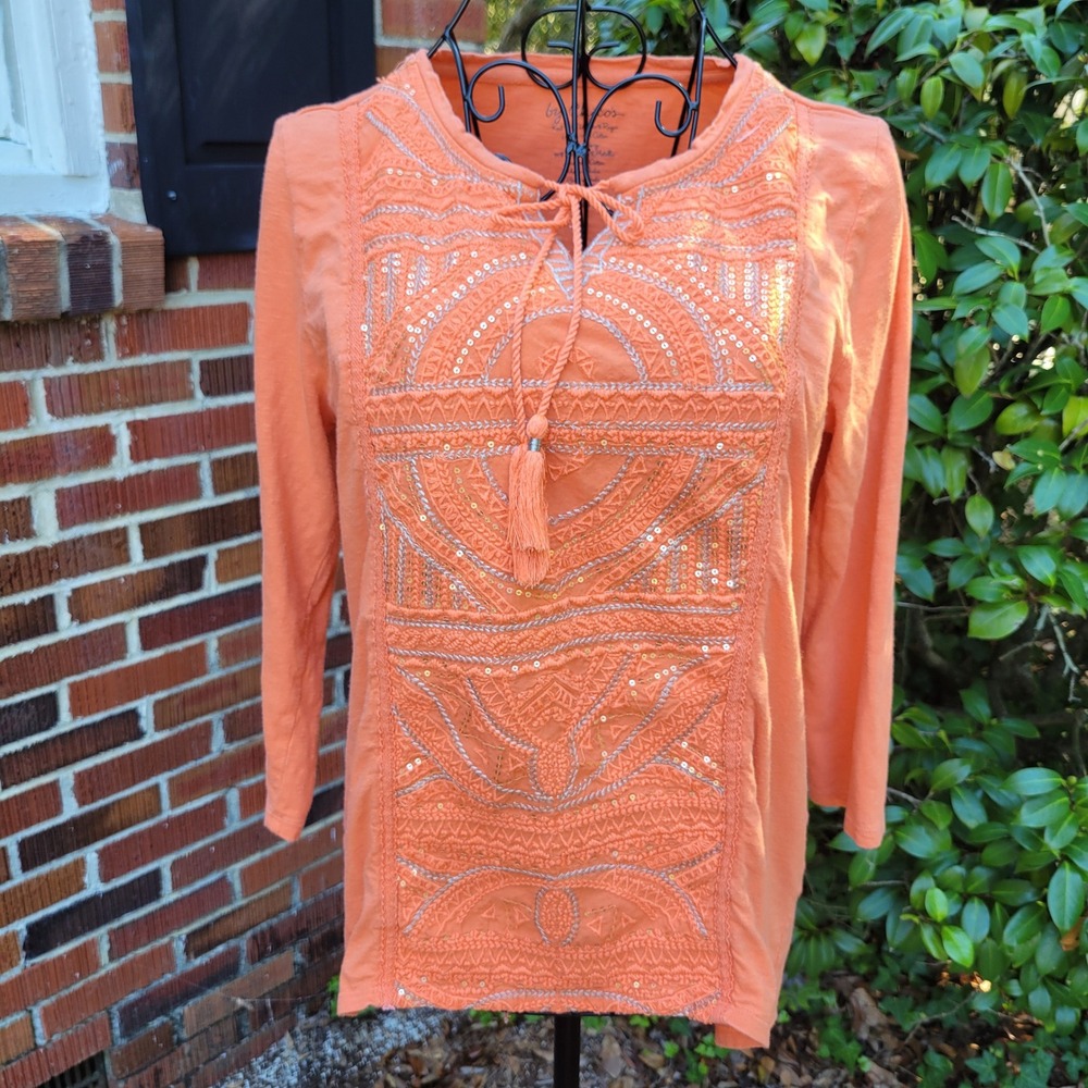 Chicos 0 Top Orange Embroidered Sequin Tassel Boho Slub Knit S 4 fall Autumn